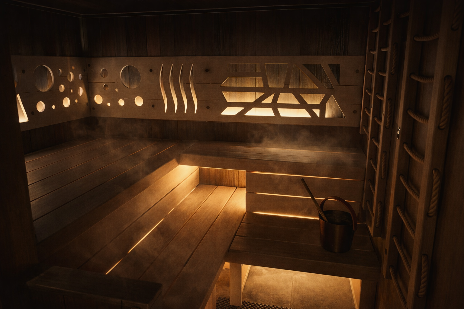 Interiér saun – dřevo, klid, teplo